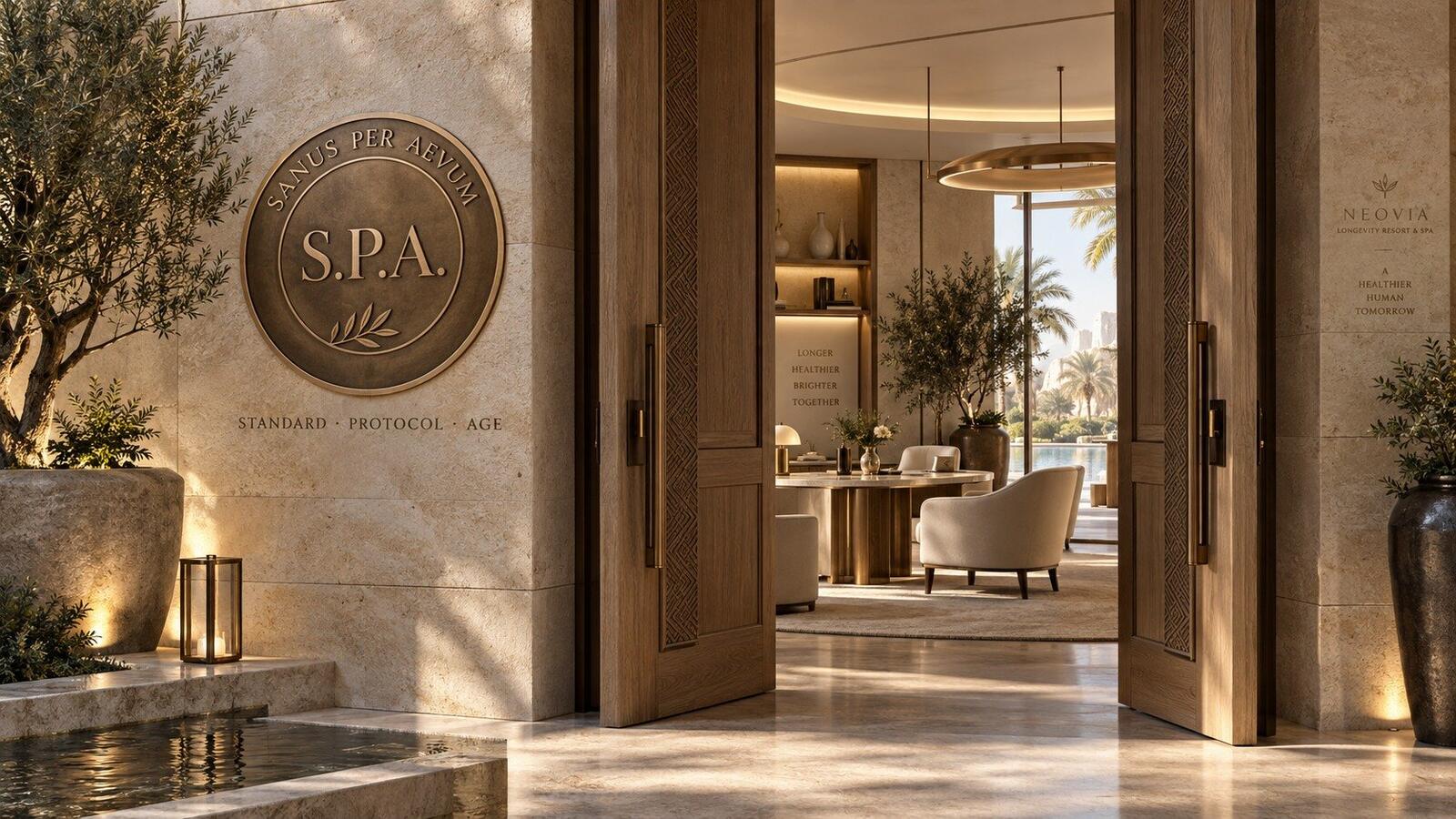 Spa entrance with an S.P.A. bronze medallion